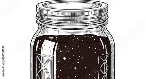 Hand drawn illustration of a glass mason jar filled with dark jam or preserves, vintage style etching engraving sketch