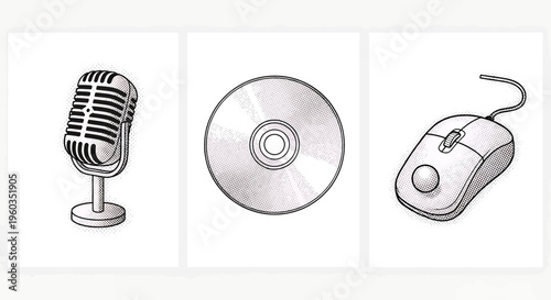 Vintage microphone, compact disc and computer mouse, retro technology icons, hand drawn vector illustration