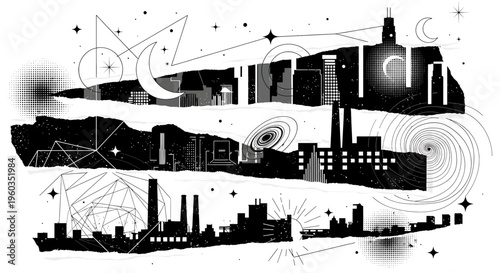 Abstract cityscape illustration with cosmic and geometric elements, featuring layered urban silhouettes, celestial bodies, and industrial structures in a stylized black and white graphic design