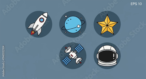 Space icons set with rocket planet star satellite and black hole on grey background symbols for astronomy and cosmos concepts