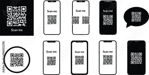 Large collection of QR code vector templates featuring mobile phone mockups and scan me call to action symbols for digital marketing contactless payments and interactive brand identity