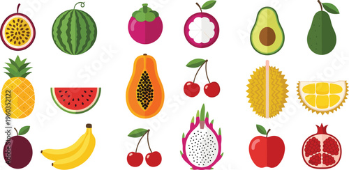 Colorful tropical fruit collection vector illustration set featuring watermelon pineapple banana mango papaya cherry pomegranate dragon fruit and more fresh healthy food icons