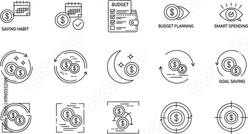 Financial Management Icons Set with Budget Planning, Investment, Savings, and Goal Tracking Symbols for Websites and Apps