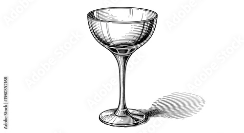 Vintage style coupe glass for champagne or cocktail, handdrawn sketch illustration