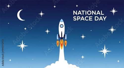 Rocket ship blasting off into starry night sky on national space day with crescent moon