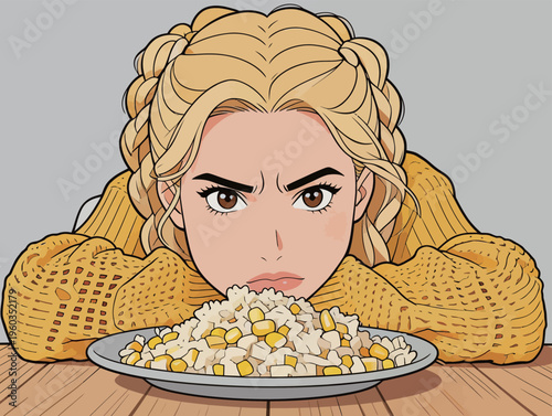 Girl looks frustrated while staring at a plate of rice and corn on a table in a simple setting with light colors