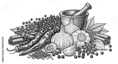 Hand drawn spices and herbs collection mortar and pestle with chili peppers, garlic, cinnamon sticks, star anise, peppercorns and bay leaves engraving style illustration