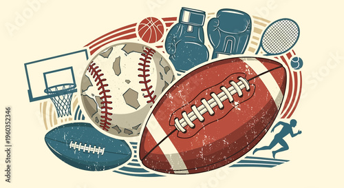 Vintage sports equipment illustration with football, baseball, basketball, boxing gloves and tennis racket athletic gear composition with retro texture and distressed design elements
