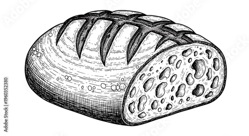 Hand drawn bread loaf, vector illustration of sourdough bread with crusty texture and crumb, bakery product sketch