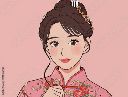 Young woman wearing traditional clothing poses in front of a pink background during a cultural celebration