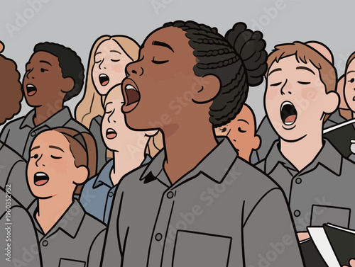 Children sing together in a choir during a performance at a school event in the afternoon light