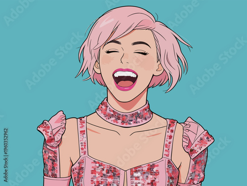 A young woman smiles widely while dressed in a colorful outfit with short pink hair