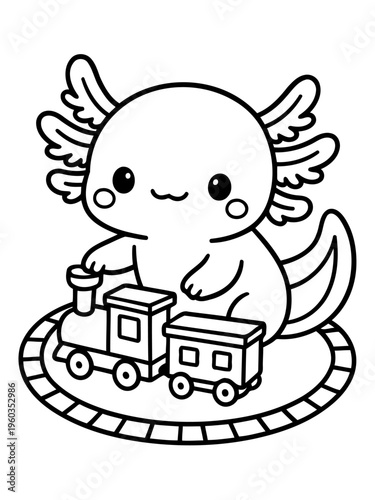 Cute Axolotl with Toy Train: Adorable axolotl smiles, playing with a toy train set, offering a whimsical scene of joy and playfulness, perfectly encapsulating childhood wonder.