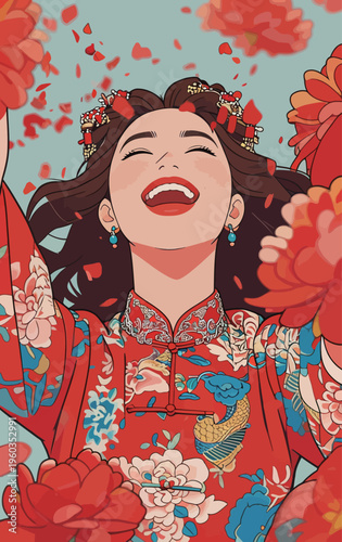 Woman celebrates in traditional dress surrounded by flowers during a festive event at daytime in an unknown location