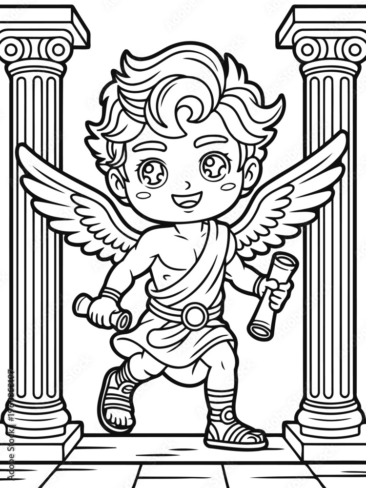 Obraz premium Winged Messenger with Scrolls in Greek Columns: A celestial being with feathered wings strides confidently, scrolls in hand, against a backdrop of ancient pillars.