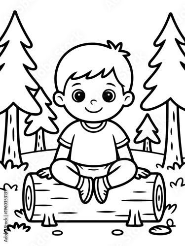 A Boy's Woodland Reverie: An animated depiction of a young boy sits serenely upon a fallen log within a wooded enclave, his gaze reflecting pure joy.