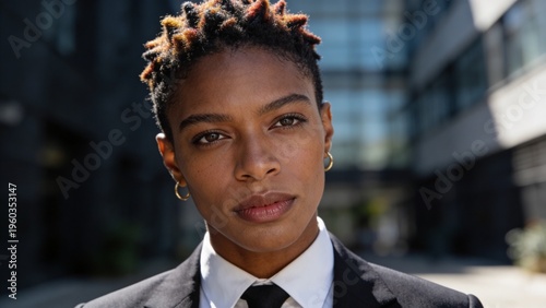 Confident Black businesswoman in suit with modern updo hairstyle