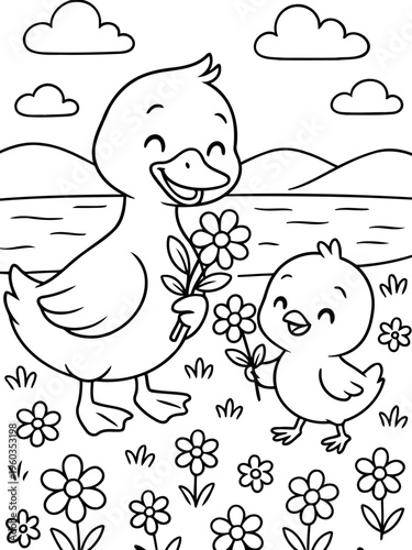 Ducks in Delight: A heartwarming depiction of a mother duck and her duckling sharing the joy of flowers in a field, filled with innocence and tenderness.