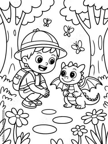 Dragon's Embrace: A child and a friendly dragon meet in the enchanting forest, sharing a moment of innocent friendship and wonder, surrounded by whimsical elements.