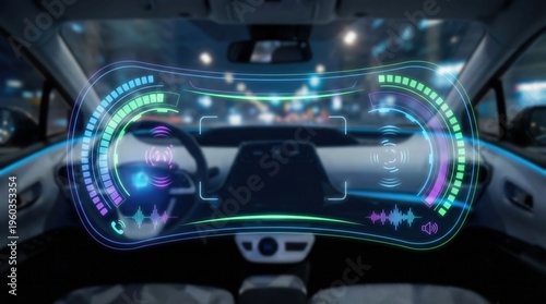 Wallpaper Mural A futuristic car dashboard features a glowing holographic interface with biometric and navigation data. Torontodigital.ca