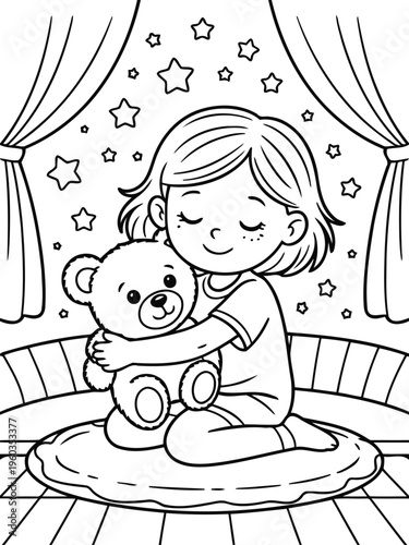 Embracing Dream: A girl holds a cuddly teddy bear tightly in a dreamy scene filled with stars and curtains, portraying comfort, innocence, and bedtime bliss.