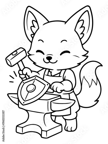 Fox Smithy: A cartoon fox enthusiastically forges a metal shield, a charming image blending craftsmanship and wildlife charm.