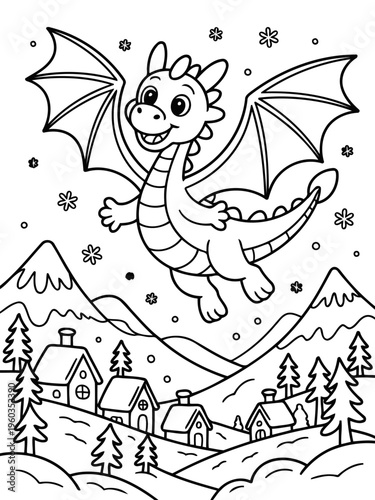 Magical Dragon Flight Over Village: A friendly dragon soars gracefully above a quaint village nestled among snowy mountains, creating a scene of fantastical wonder.