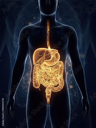 Human body shows glowing digestive system