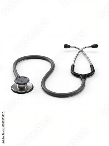 Black stethoscope rests on clean white surface