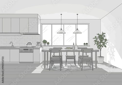 Isometric kitchen illustration with cooking utensils, sink, and cookware displayed on shelves