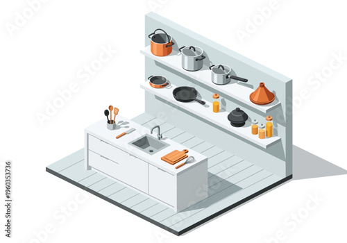 Isometric Kitchen Scene With Cooking Utensils, Pots, And Pans On Shelves And Countertop