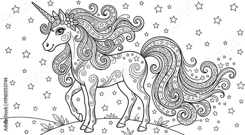 Intricate Zentangle Unicorn Standing On Hill With Stars Ornate Mandala Patterns For Adult Stress Relief Coloring Page Vector.
