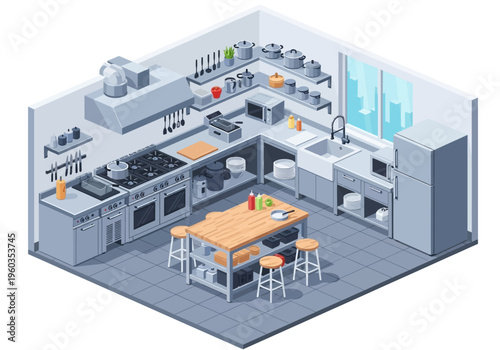 Isometric kitchen interior with dining table, stove, oven, sink, cabinets, and chairs