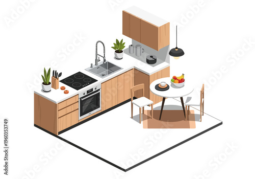 Isometric view of a modern kitchen with wooden cabinets, oven, stove, sink, and a dining table with chairs