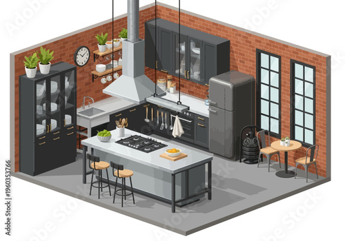 Modern isometric kitchen design with brick walls, island, and dining nook