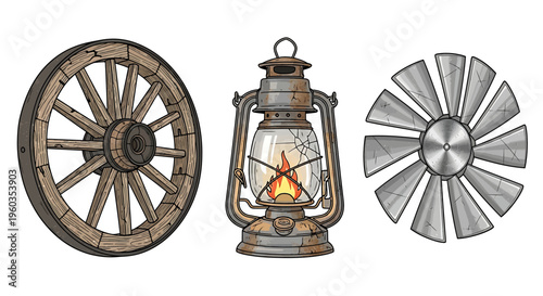 Set of vintage rustic objects including a wooden wagon wheel, an old rusty oil lantern with a lit flame, and a metallic windmill fan blade