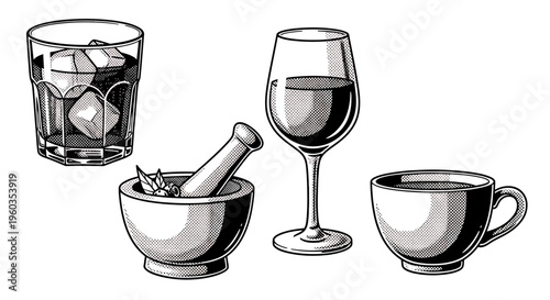 Set of handdrawn kitchen and bar utensils, including a glass with ice, a mortar and pestle, a wine glass, and a teacup