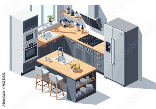Cozy Isometric Kitchen Interior with Modern Appliances and Island