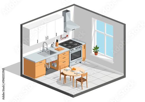 Isometric view of a modern kitchen interior with dining table and chairs by a window