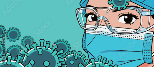 Healthcare worker wearing protective gear during a pandemic with virus graphics in the background showing commitment to health and safety