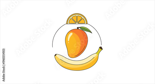 Vibrant illustration of a mango, banana, and orange slice arranged in a circular design.