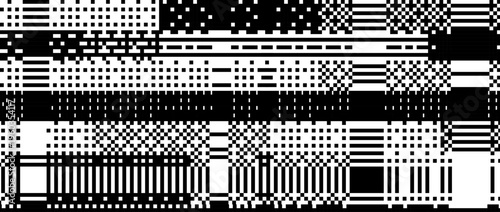 Glitched pixel grunge texture. Black and white dither pattern wallpaper. Retro bitmap distressed video game backdrop. 8 bit abstract glitch distorted background. Vector rippled pixelated screen