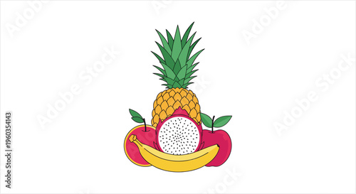 Vibrant illustration of a pineapple, dragon fruit, bananas, and apples, showcasing a colorful assortment of tropical and common fruits.