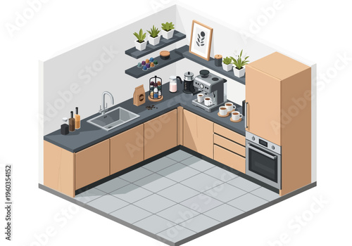 Isometric modern kitchen interior design with cabinetry, appliances, and decor elements for cozy home living