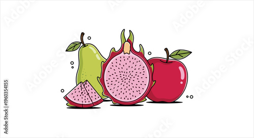 Vibrant illustration of fresh fruits including pear, dragon fruit, and apple.