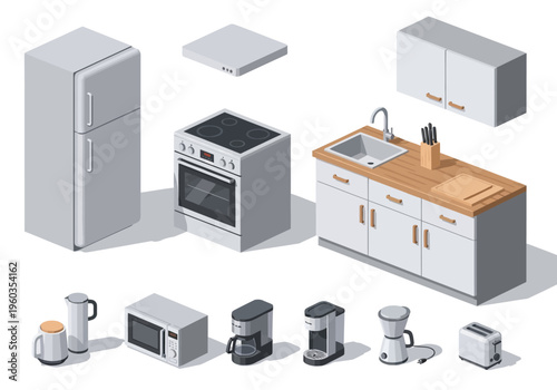 Set of kitchen appliances and furniture in isometric view, perfect for design projects