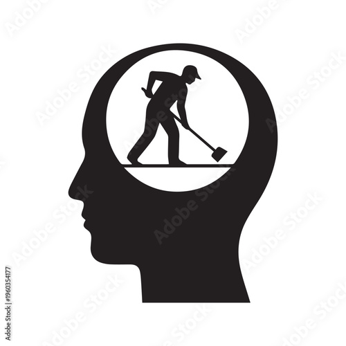 Silhouette of a human head with a man sweeping inside representing mental clearing and psychological hygiene concept
