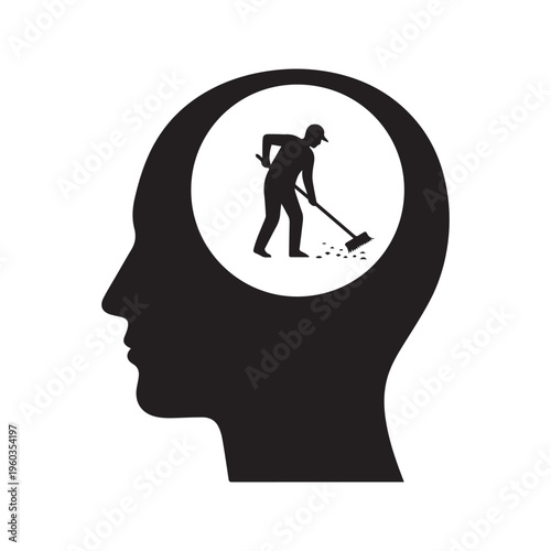 Silhouette of a human head with a man sweeping inside representing mental clearing and psychological hygiene concept

