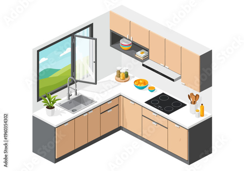 Modern L-shaped kitchen interior design with light wood cabinets and a large window overlooking a green landscape