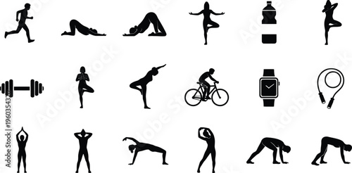 Black silhouettes of people exercising with fitness equipment icons